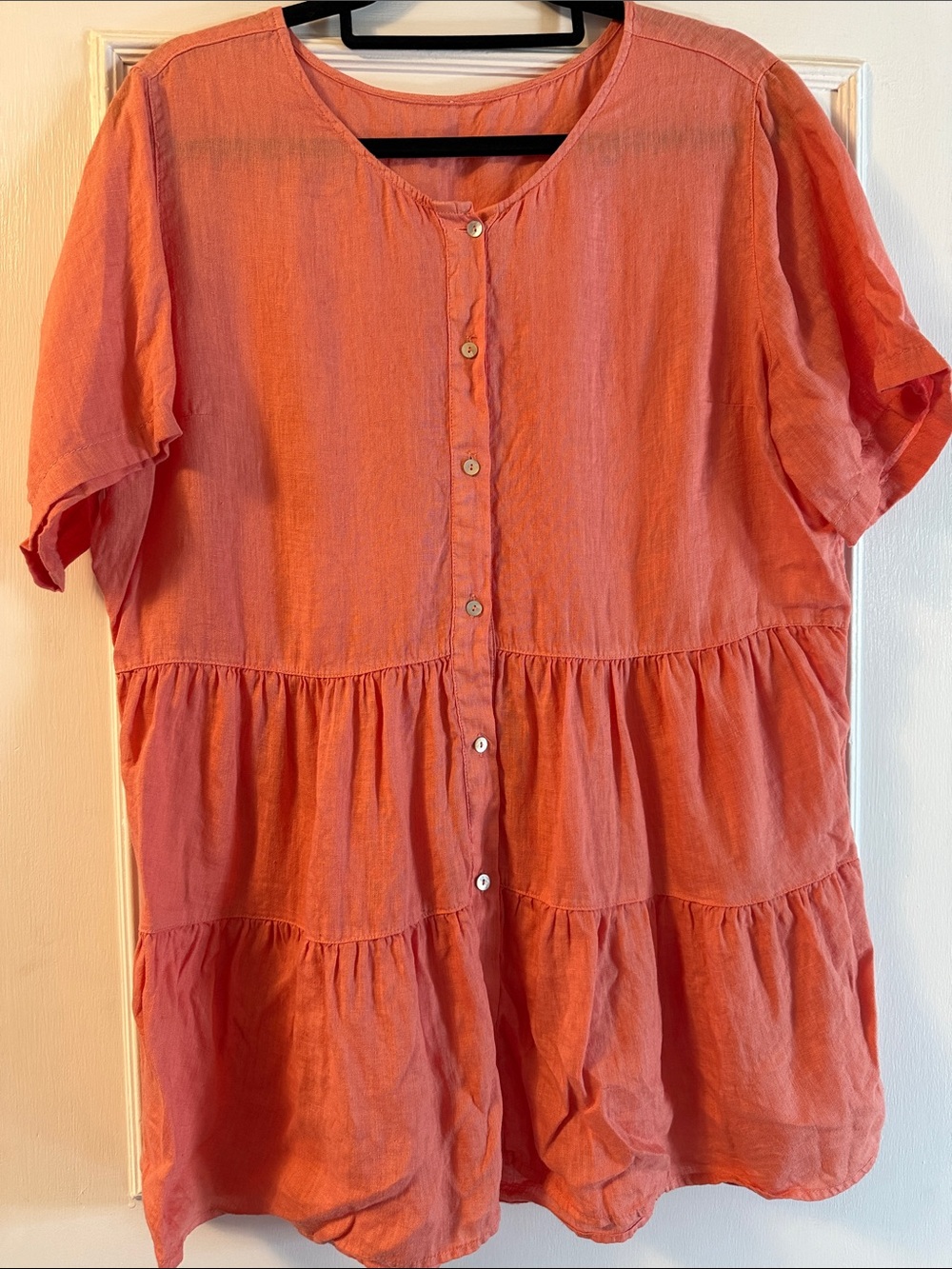 100% Linen Button Front Tiered Short Sleeve Coral tunic dress